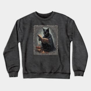 A Black Cat Wearing A Cloak Studying Halloween Spells Crewneck Sweatshirt